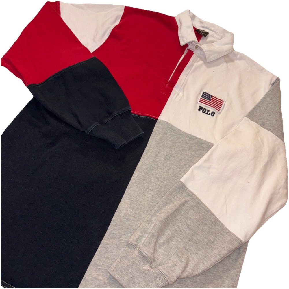 VTG Polo Ralph Lauren Flag Rugby Colorblock Red Blue Grey‎ White 90s Boys XL